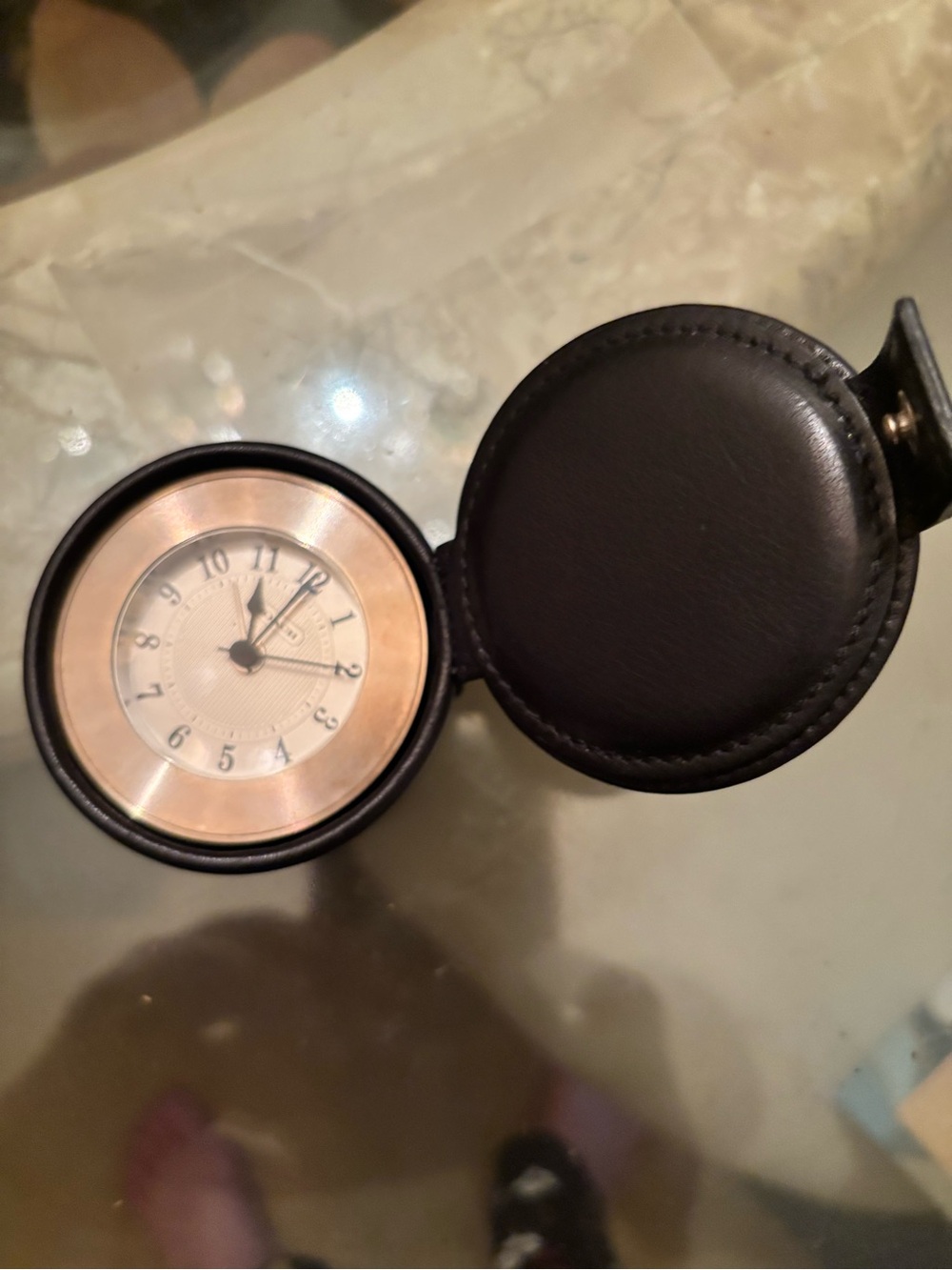 Coach Travel Alarm Clock in Black Leather Case with Gold-Tone Dial